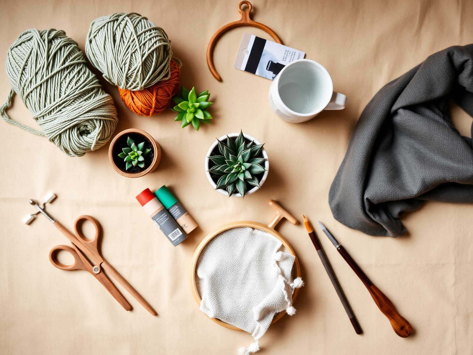 A warm overhead flat-lay of yarn, watercolor tubes, embroidery hoop, and other hobby supplies